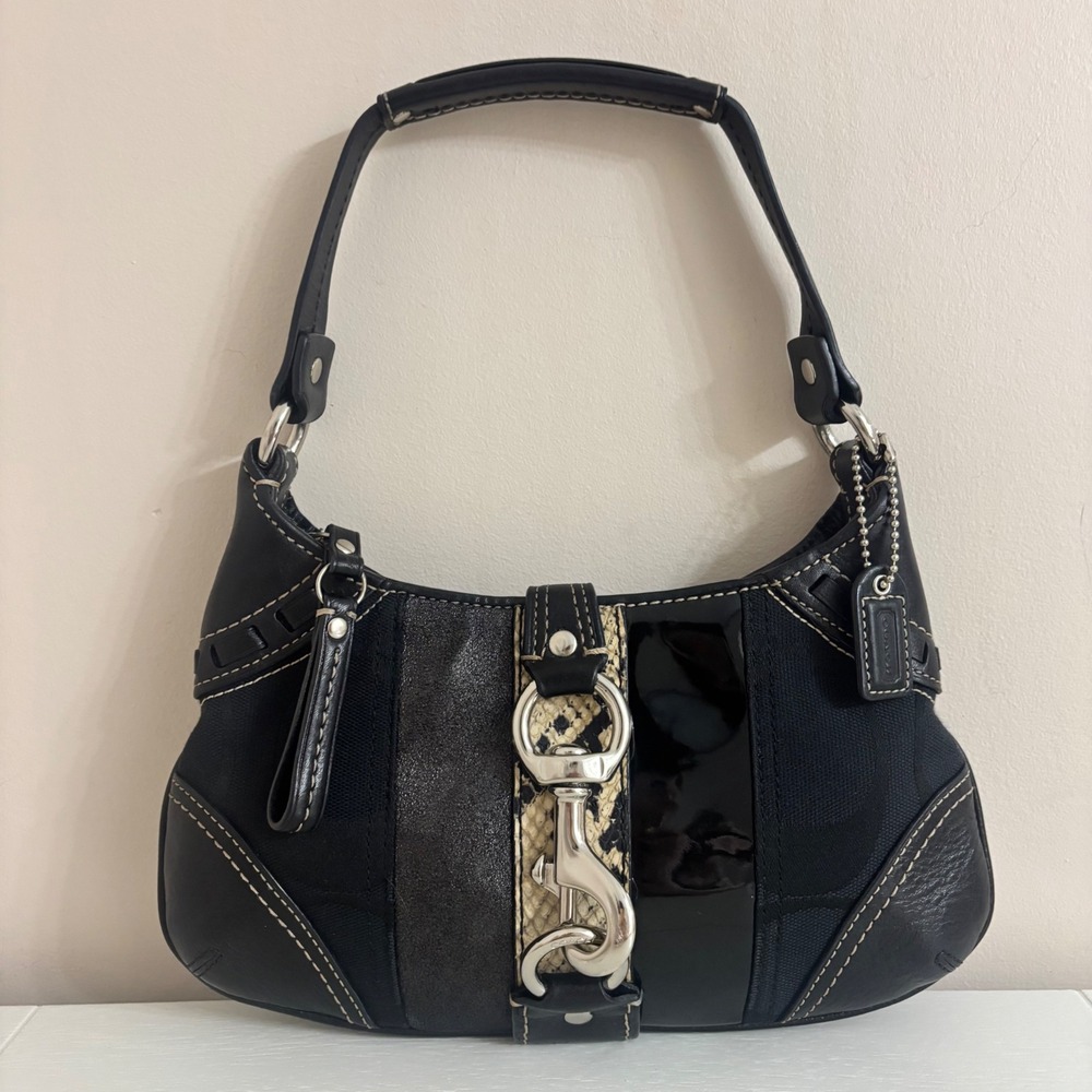 Coach Hampton Signature Mini Shoulder Bag Black Leather Snakeskin Baguette 10287